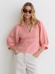 Reiss Coral Pink Evie Linen Balloon-Sleeve Top - Image 1 of 6