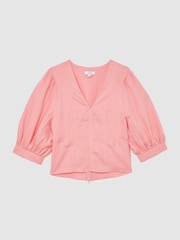 Reiss Coral Pink Evie Linen Balloon-Sleeve Top - Image 2 of 6