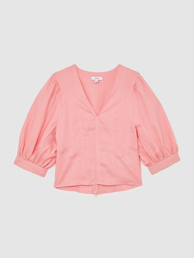 Reiss Coral Pink Evie Linen Balloon-Sleeve Top - Image 2 of 6