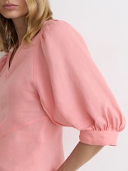 Reiss Coral Pink Evie Linen Balloon-Sleeve Top - Image 3 of 6
