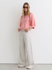Reiss Coral Pink Evie Linen Balloon-Sleeve Top - Image 4 of 6