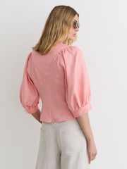 Reiss Coral Pink Evie Linen Balloon-Sleeve Top - Image 5 of 6