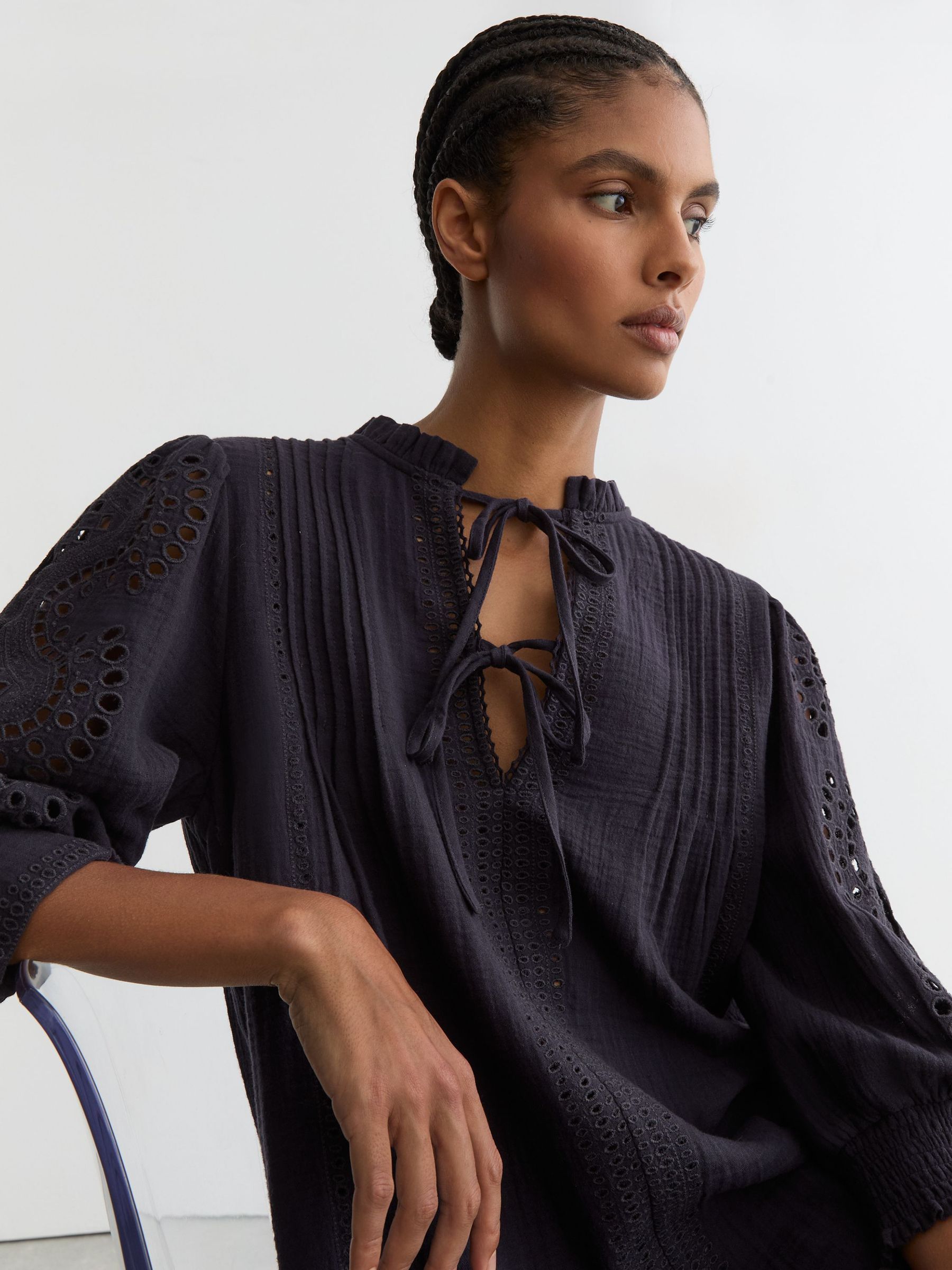 Buy Reiss Navy Gia Cotton Cheesecloth Broderie Mini Dress from