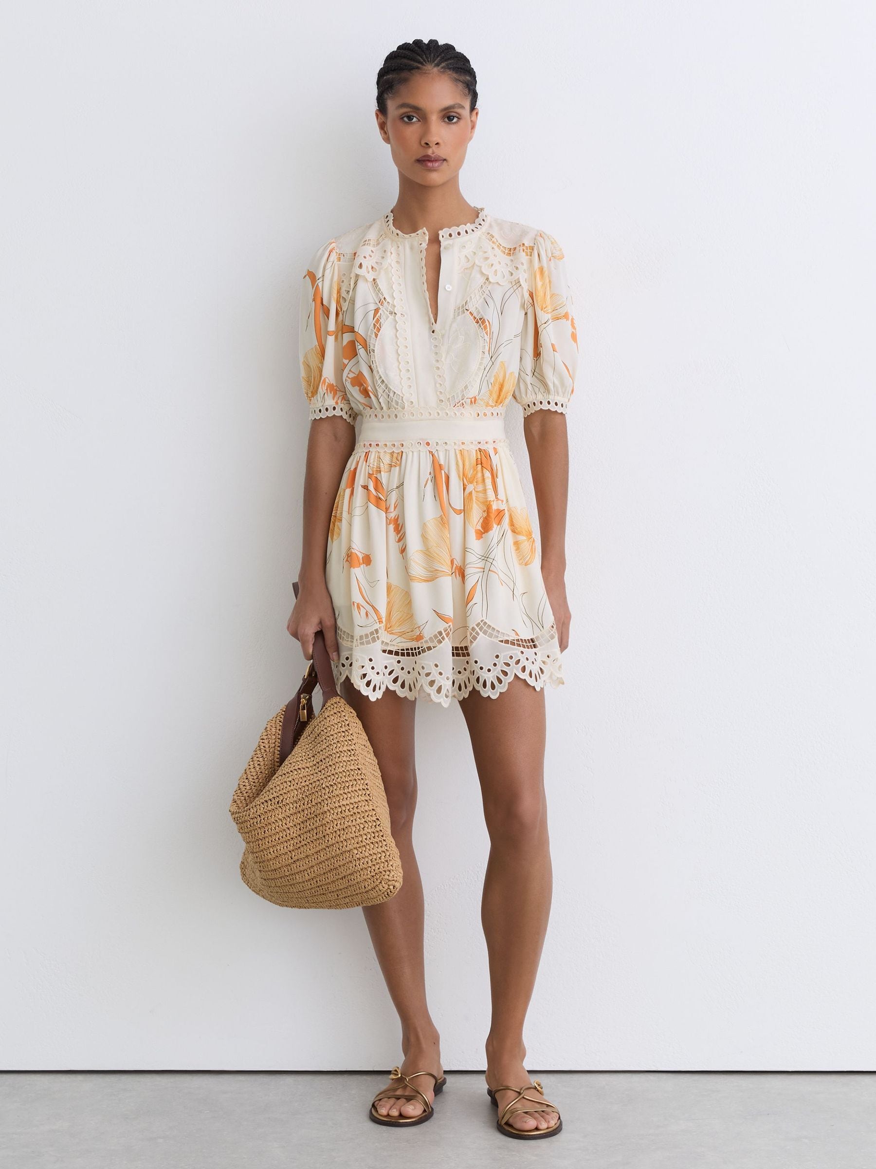 Buy Reiss Ivory/Pink Lacey Floral-Print Lace-Trim Mini Dress from