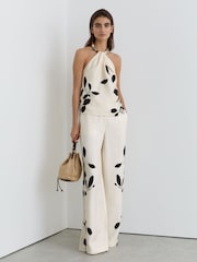 Reiss Ivory/Black Delilah Petite Jacquard Printed Wide-Leg Trousers - Image 1 of 8