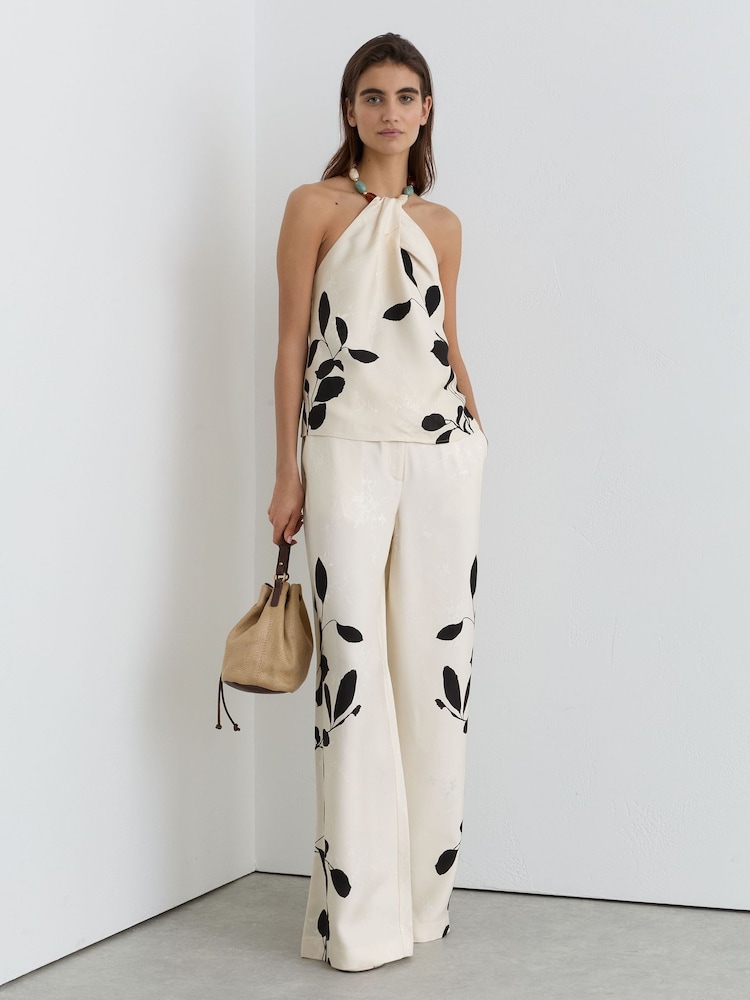 Reiss Ivory/Black Delilah Petite Jacquard Printed Wide-Leg Trousers - Image 1 of 8
