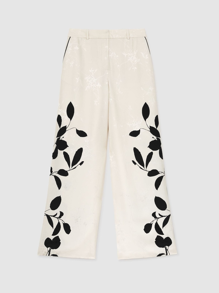 Reiss Ivory/Black Delilah Petite Jacquard Printed Wide-Leg Trousers - Image 2 of 8