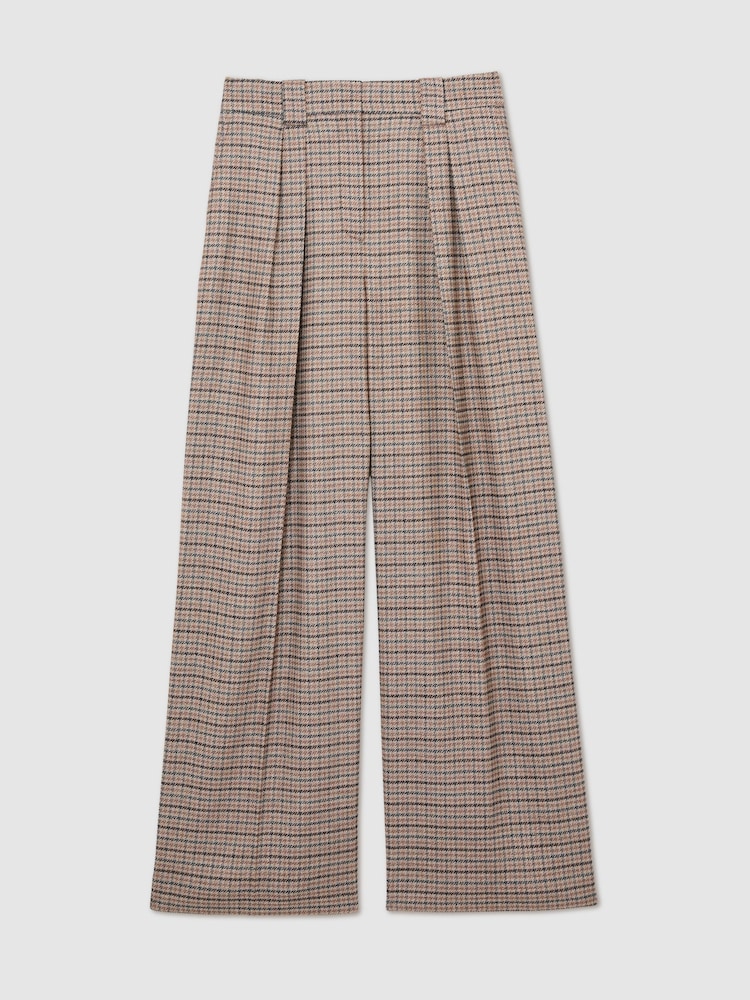 Reiss Neutral Check River Petite Wide-Leg Check Pleated Trousers - Image 2 of 8 Reiss Neutral Check River Petite Wide-Leg Check Pleated Trousers - Image 2 of 8