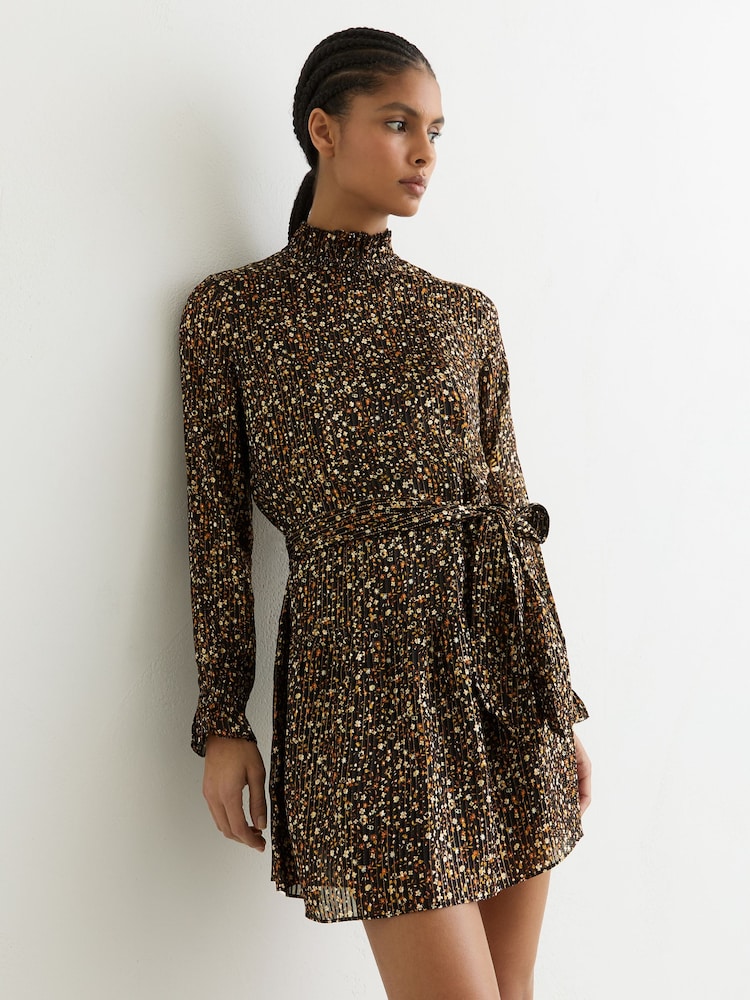 Reiss Black Darci Floral Metallic Flippy Mini Dress - Image 1 of 7 Reiss Black Darci Floral Metallic Flippy Mini Dress - Image 1 of 7