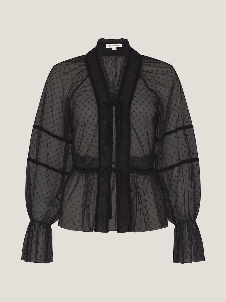 بلوزة شفافة مُزيّنة بنقاط البولكا مع الدانتيل موديل Lina من Monsoon - Image 5 of 5