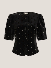 Monsoon Black Emma Embellished Velvet Button Top - Image 5 of 5