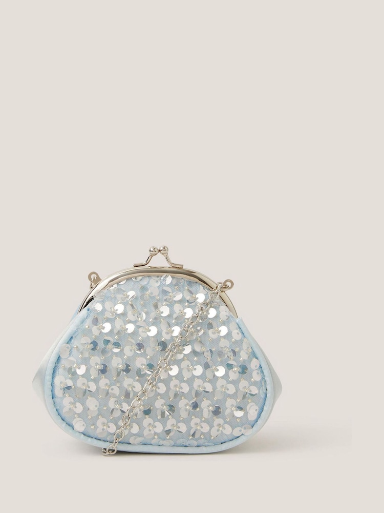 Monsoon Blue Sequin Embellished Clip Frame Bag - Image 1 of 4 Monsoon Blue Sequin Embellished Clip Frame Bag - Image 1 of 4