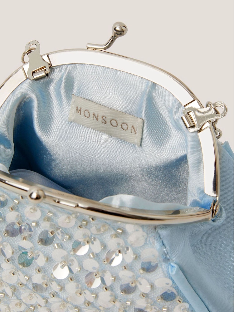 Monsoon Blue Sequin Embellished Clip Frame Bag - Image 4 of 4 Monsoon Blue Sequin Embellished Clip Frame Bag - Image 4 of 4