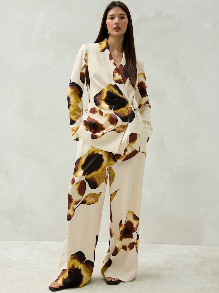 Floral Elastic Back Wide Leg Satin Trousers - Image 1 of 8 Floral Elastic Back Wide Leg Satin Trousers - Image 1 of 8