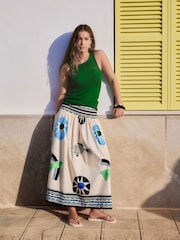 Cream/Blue Abstract Border Print Maxi Skirt - Image 1 of 9