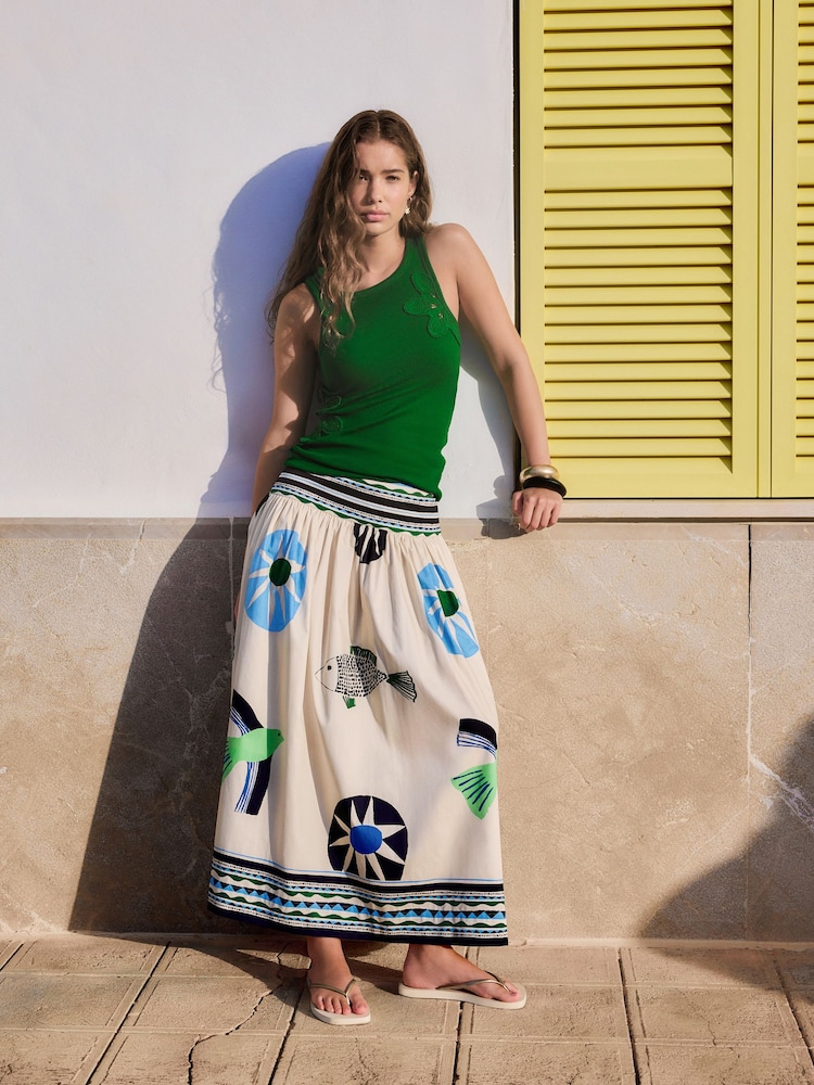 Cream/Blue Abstract Border Print Maxi Skirt - Image 1 of 9 Cream/Blue Abstract Border Print Maxi Skirt - Image 1 of 9