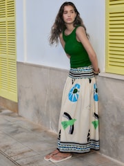 Cream/Blue Abstract Border Print Maxi Skirt - Image 3 of 9