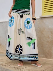 Cream/Blue Abstract Border Print Maxi Skirt - Image 4 of 9