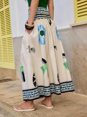 Cream/Blue Abstract Border Print Maxi Skirt - Image 5 of 9