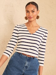 Love & Roses Ivory Stripe 3/4 Sleeve Scallop V-Neck Jersey Top - Image 1 of 4