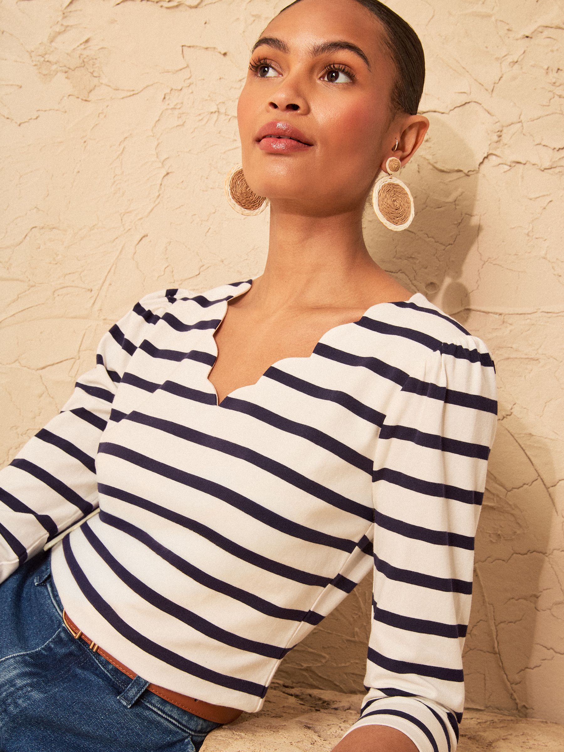Buy Love & Roses Ivory Stripe 3/4 Sleeve Scallop V-Neck Jersey Top