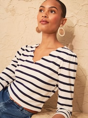 Love & Roses Ivory Stripe 3/4 Sleeve Scallop V-Neck Jersey Top - Image 4 of 4