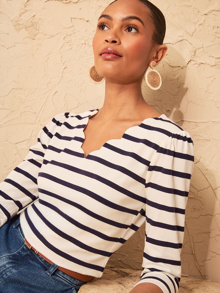 Love & Roses Ivory Stripe 3/4 Sleeve Scallop V-Neck Jersey Top - Image 4 of 4