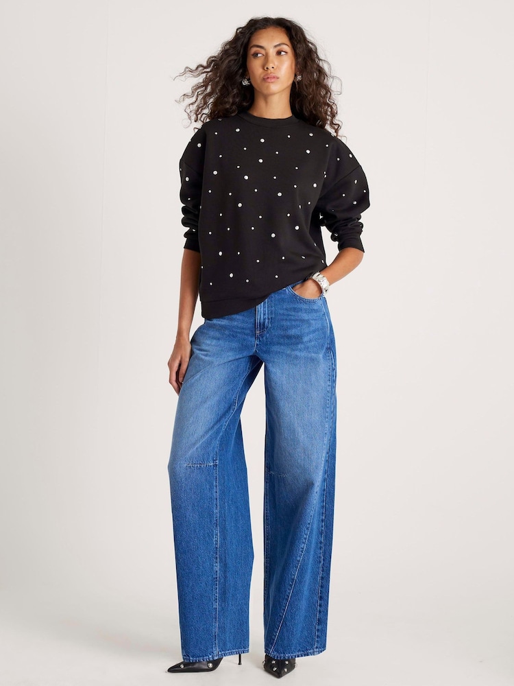 River Island Black Long Sleeve Studded Crew Neck Sweatshirt - Image 1 of 4