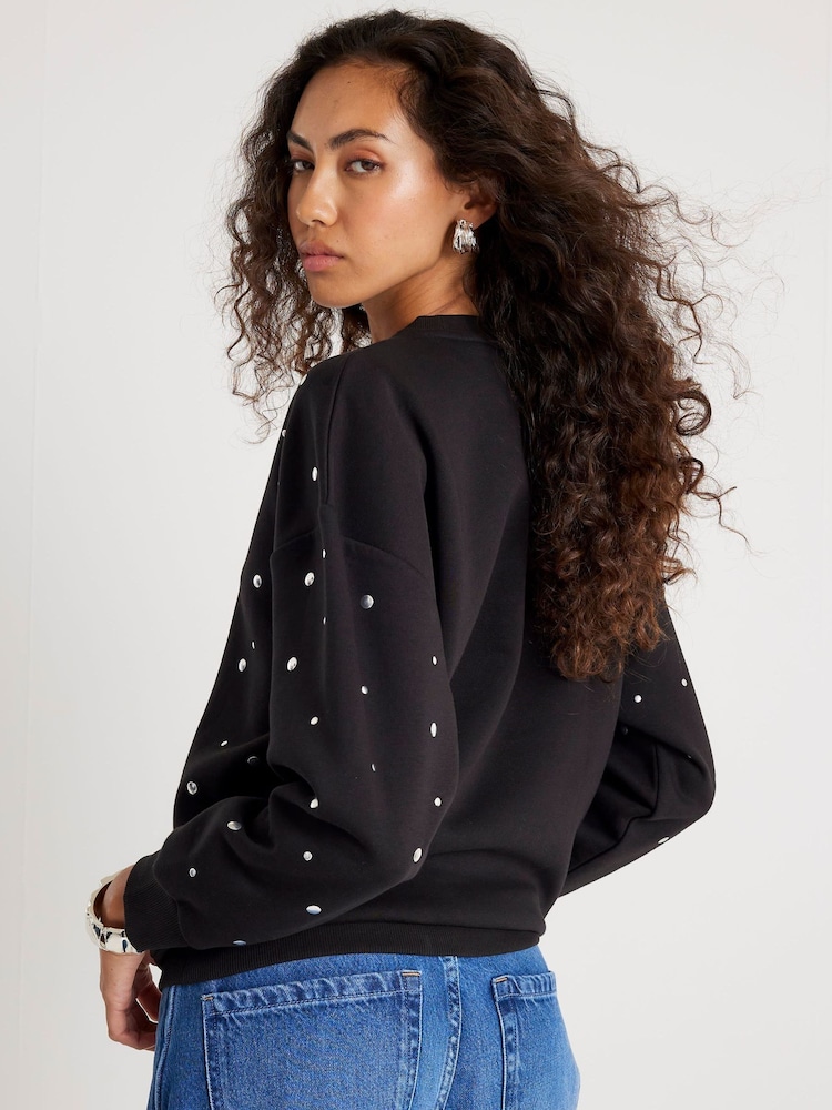 River Island Black Long Sleeve Studded Crew Neck Sweatshirt - Image 2 of 4