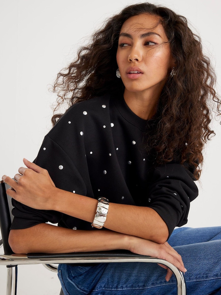 River Island Black Long Sleeve Studded Crew Neck Sweatshirt - Image 4 of 4