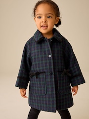 海軍藍方格圖案 - Wool Blend Coat with Bow Details (3mths-8yrs) - 圖片 1，共 4