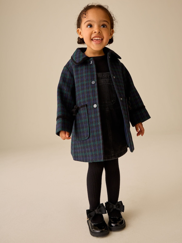 海軍藍方格圖案 - Wool Blend Coat with Bow Details (3mths-8yrs) - 圖片 4，共 4