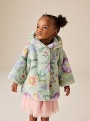 פרחוני ירוק אפרפר - Faux Fur Hooded Coat (12mths-7yrs) - תמונה 1 מתוך 4