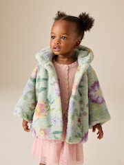 פרחוני ירוק אפרפר - Faux Fur Hooded Coat (12mths-7yrs) - תמונה 2 מתוך 4