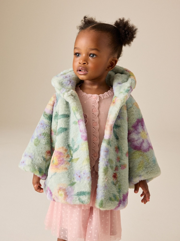 פרחוני ירוק אפרפר - Faux Fur Hooded Coat (12mths-7yrs) - תמונה 2 מתוך 4