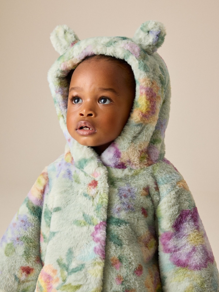 פרחוני ירוק אפרפר - Faux Fur Hooded Coat (12mths-7yrs) - תמונה 4 מתוך 4