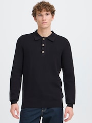 Casual Friday Black CFABEL Milano Long Sleeve Knitted Polo Shirt - Image 1 of 8