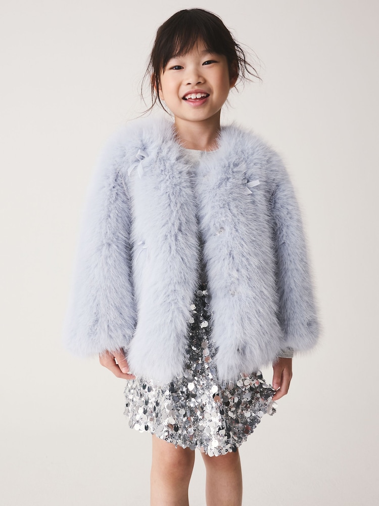 Light Blue Bow Embellished Faux Fur Coat (3-16yrs) - Image 1 of 10 Light Blue Bow Embellished Faux Fur Coat (3-16yrs) - Image 1 of 10