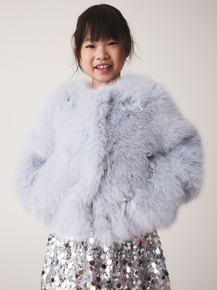 Light Blue Bow Embellished Faux Fur Coat (3-16yrs) - Image 2 of 10 Light Blue Bow Embellished Faux Fur Coat (3-16yrs) - Image 2 of 10