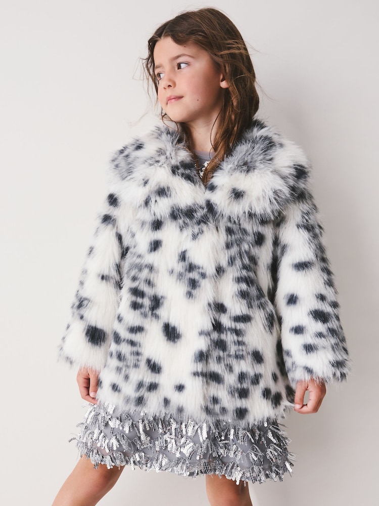 White Animal Print Faux Fur Coat (3-16yrs) - Image 1 of 9 White Animal Print Faux Fur Coat (3-16yrs) - Image 1 of 9