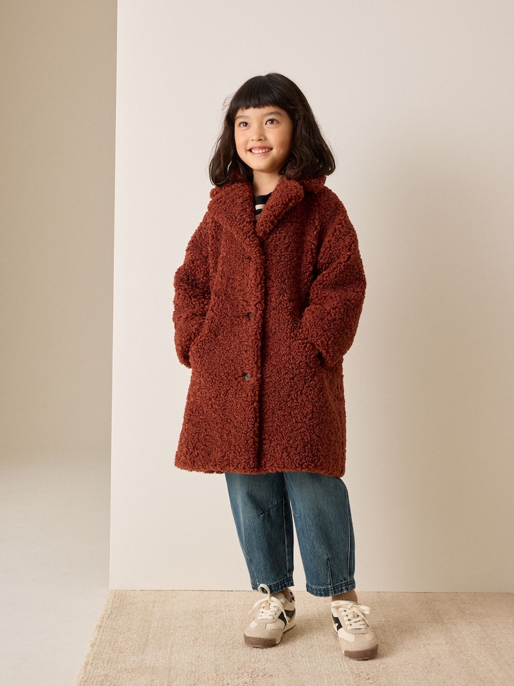 Rust Brown Borg Longline Coat (3-16yrs) - Image 1 of 4 Rust Brown Borg Longline Coat (3-16yrs) - Image 1 of 4