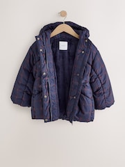 Navy Blue Check Shower Resistant Padded Coat (3-16yrs) - Image 2 of 6