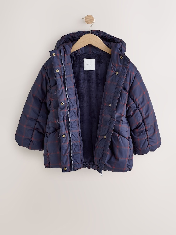 Navy Blue Check Shower Resistant Padded Coat (3-16yrs) - Image 2 of 6 Navy Blue Check Shower Resistant Padded Coat (3-16yrs) - Image 2 of 6