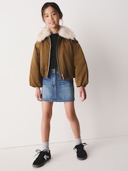 Olive Green Faux Fur Collar Satin Bomber Jacket (4-16yrs) - Image 1 of 8