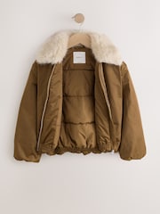 Olive Green Faux Fur Collar Satin Bomber Jacket (4-16yrs) - Image 11 of 13