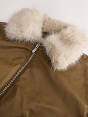 Olive Green Faux Fur Collar Satin Bomber Jacket (4-16yrs) - Image 12 of 13