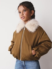 Olive Green Faux Fur Collar Satin Bomber Jacket (4-16yrs) - Image 2 of 8