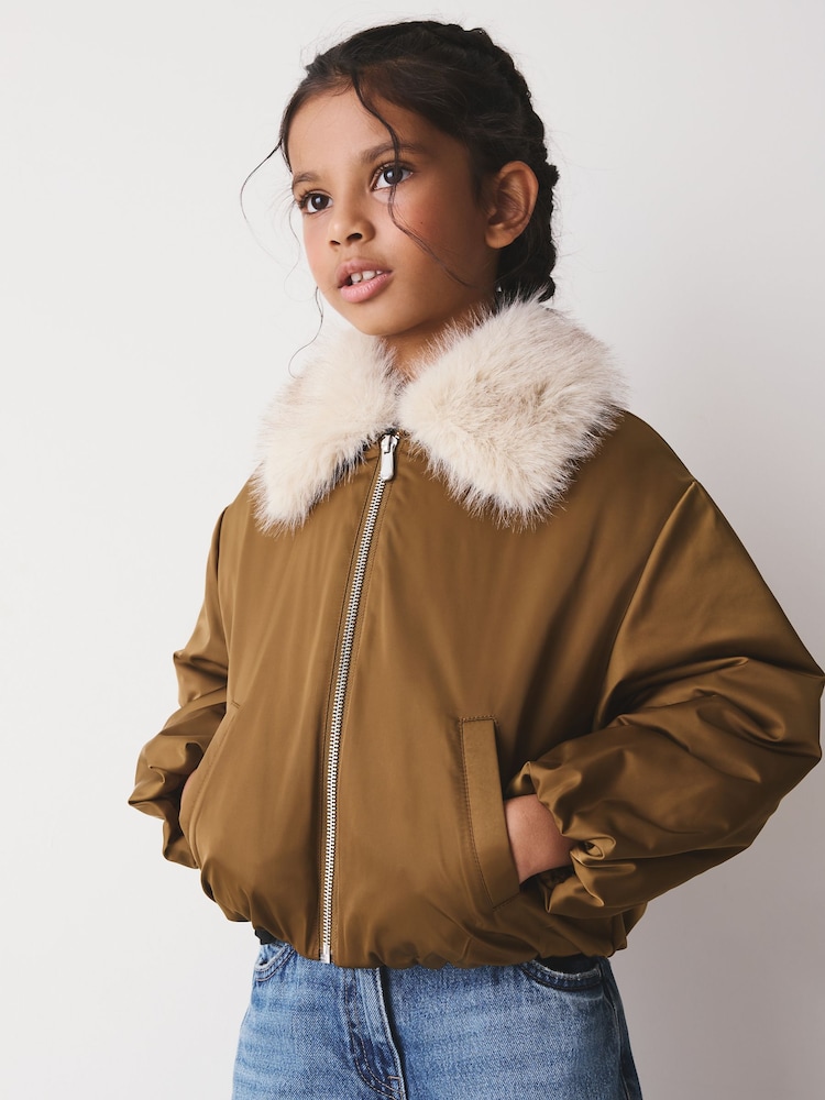 Olive Green Faux Fur Collar Satin Bomber Jacket (4-16yrs) - Image 2 of 8 Olive Green Faux Fur Collar Satin Bomber Jacket (4-16yrs) - Image 2 of 8