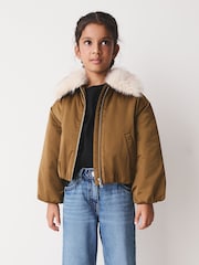 Olive Green Faux Fur Collar Satin Bomber Jacket (4-16yrs) - Image 3 of 8