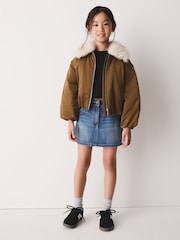 Olive Green Faux Fur Collar Satin Bomber Jacket (4-16yrs) - Image 4 of 8
